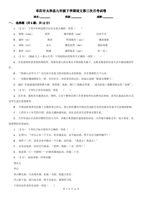 阜阳市太和县九年级下学期语文第三次月考试卷