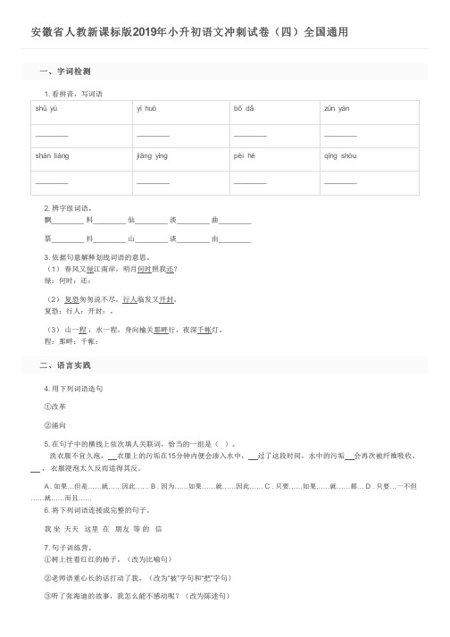 安徽省人教新课标版2019年小升初语文冲刺试卷(四)全国通用及参考答案
