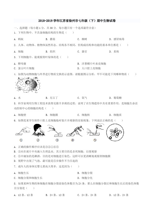 2018-2019学年江苏省徐州市七年级(下)期中生物试卷