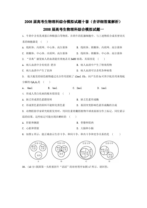 2008届高考生物理科综合模拟试题十套(含详细答案解析)