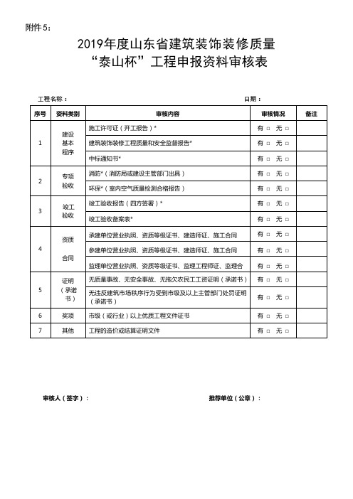 2019年度山东省建筑装饰装修质量泰山杯工程申报资料审核表【模板】