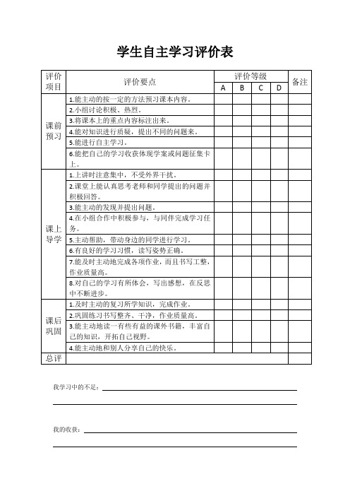 学生自主学习评价表