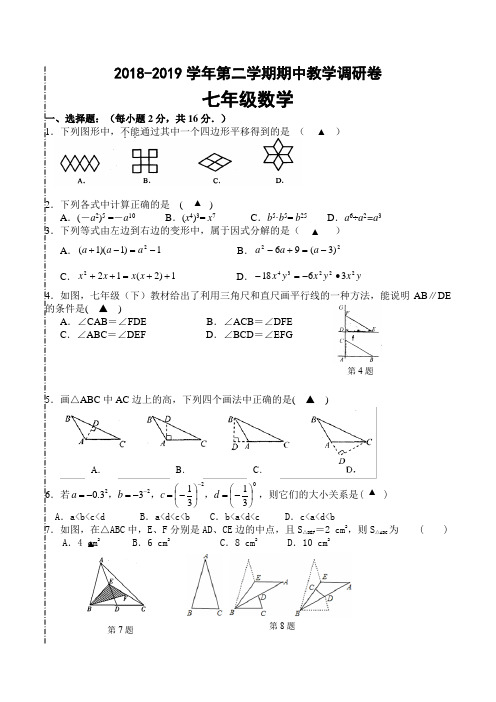 江苏省苏州市工业园区2018-2019学年第二学期七年级数学期中教学调研卷