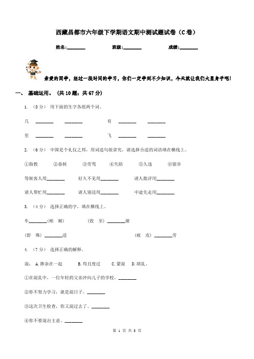 西藏昌都市六年级下学期语文期中测试题试卷(C卷)