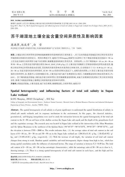苏干湖湿地土壤全盐含量空间异质性及影响因素