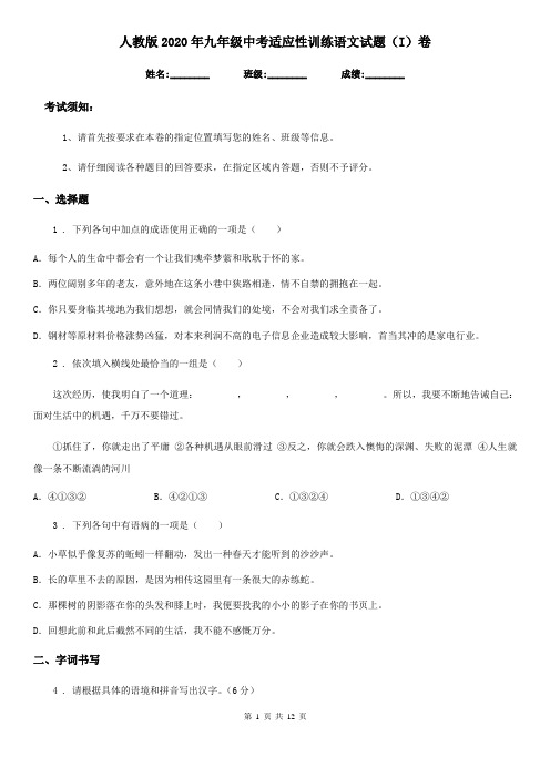 人教版2020年九年级中考适应性训练语文试题(I)卷