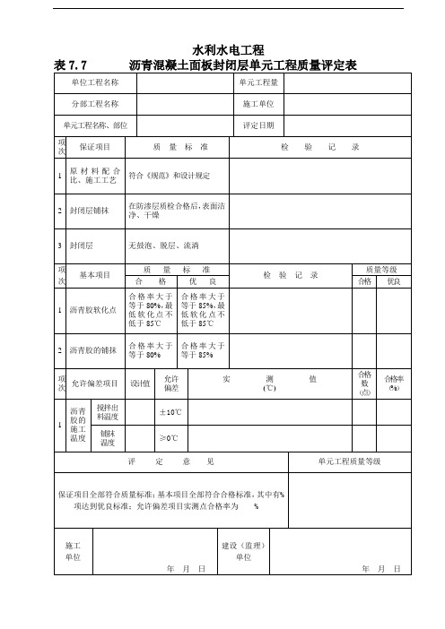 沥青混凝土面板封闭层单元工程质量评定表