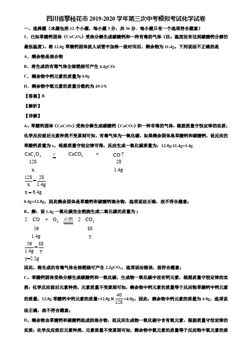 四川省攀枝花市2019-2020学年第三次中考模拟考试化学试卷含解析
