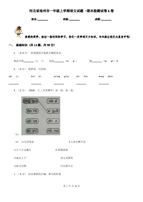 河北省沧州市一年级上学期语文试题 -期末检测试卷A卷