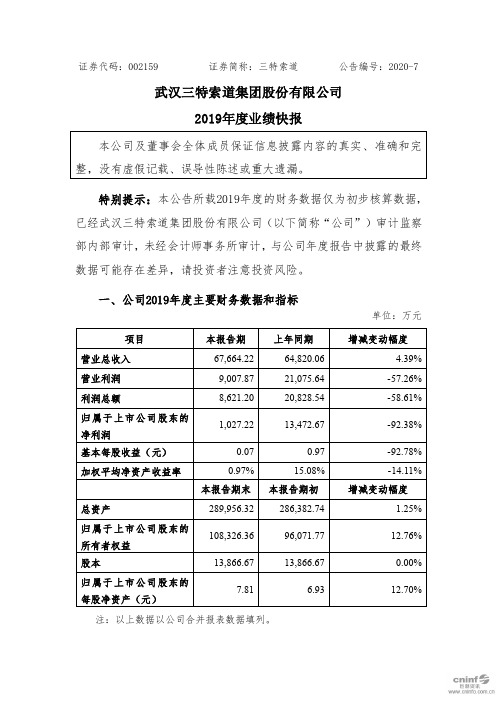 三特索道：2019年度业绩快报