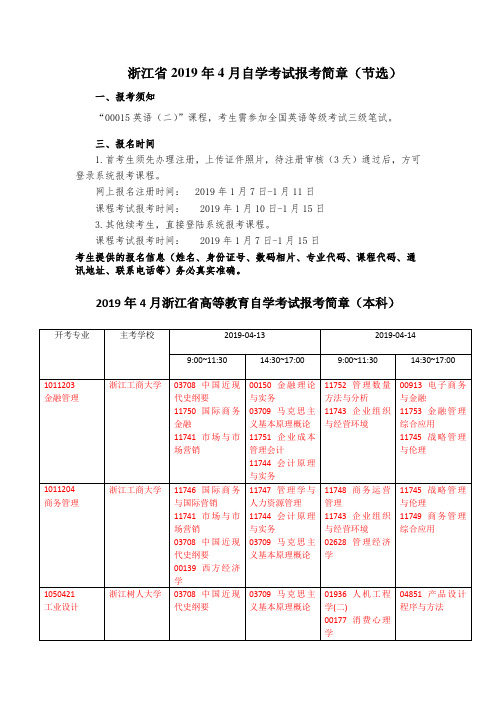浙江省2019年4月自学考试报考简章(节选)