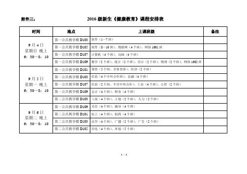 2016级新生健康教育课程安排表