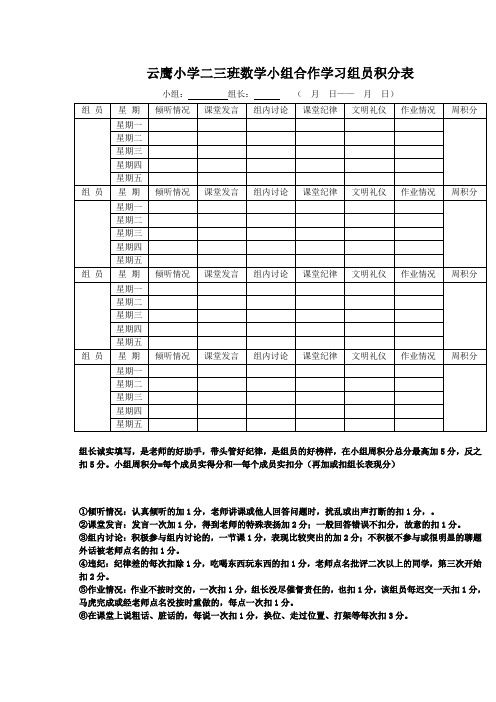 云鹰小学二三班数学小组合作学习组员积分表