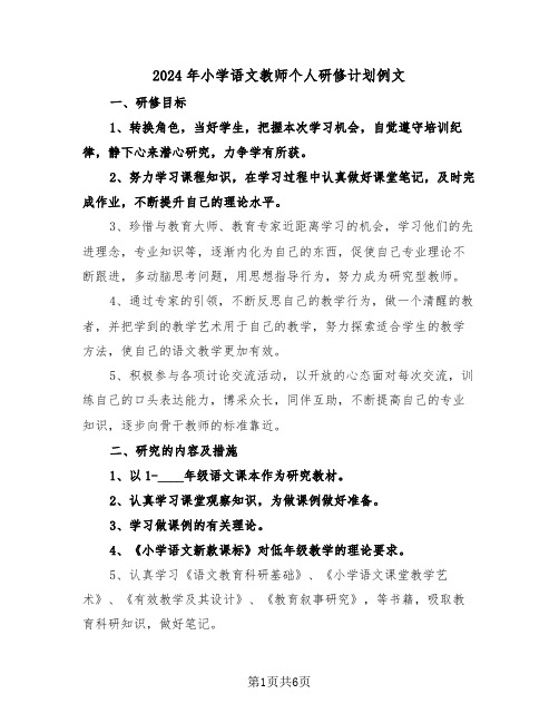 2024年小学语文教师个人研修计划例文（三篇）