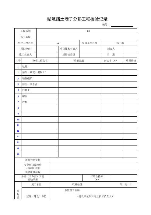 砌筑挡土墙子分部工程检验记录