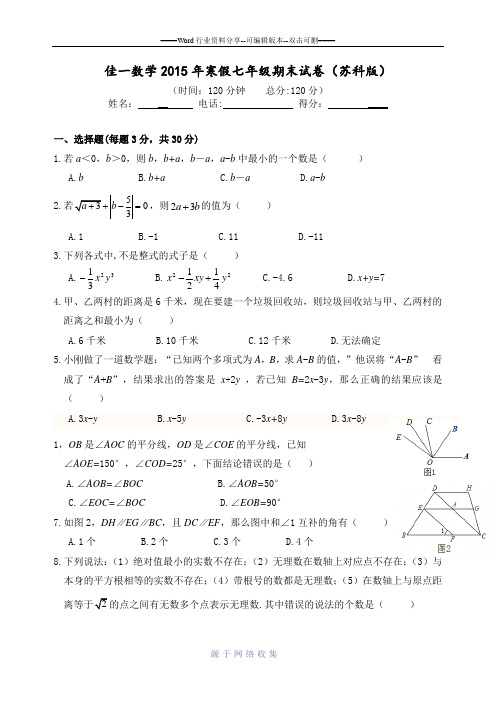 2015年苏教版小学数学七年级期末试卷(含答案)