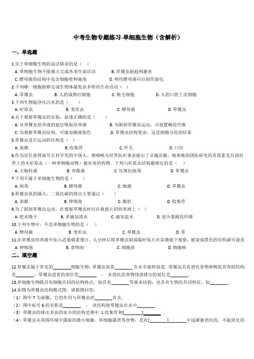 中考生物专题练习：单细胞生物(含解析)