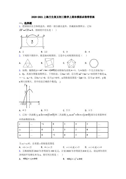 2020-2021上海兰生复旦初三数学上期末模拟试卷带答案