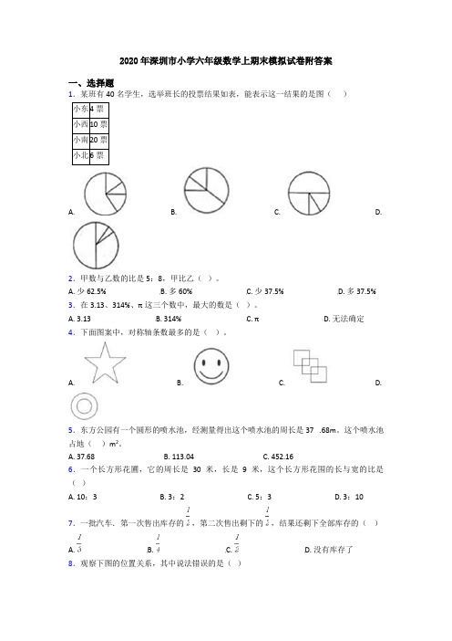 2020年深圳市小学六年级数学上期末模拟试卷附答案