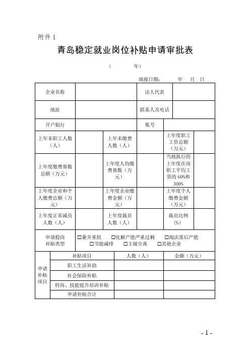 青岛稳定就业岗位补贴申请审批表