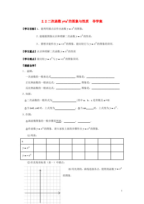 广东省佛山市顺德区文田中学九年级数学下册 2.2 二次函数y=x2的图象与性质导学案(无答案) 北师大版