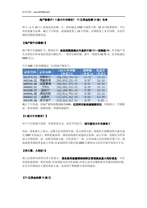 地产股暴升!A股大牛市将至？ 55亿资金抢筹28股!名单