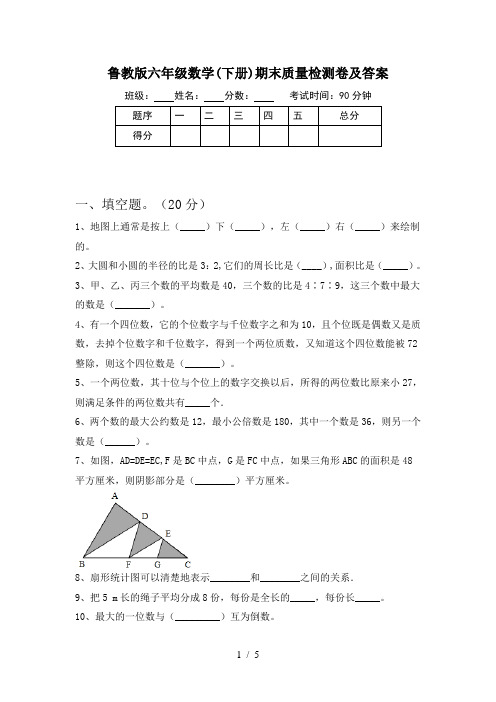 鲁教版六年级数学(下册)期末质量检测卷及答案