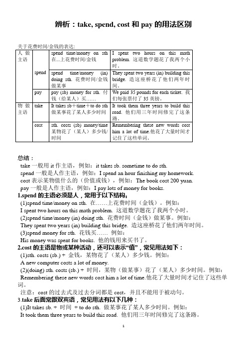 take-spend-pay-cost的辨析,含练习