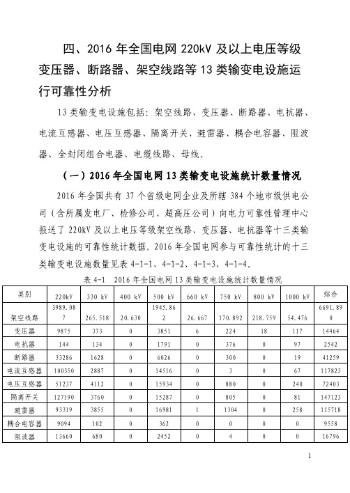 四、2016年全国电网220kV及以上电压等级变压器、断路