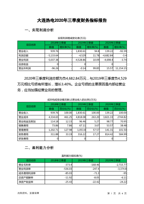 大连热电2020年三季度财务指标报告