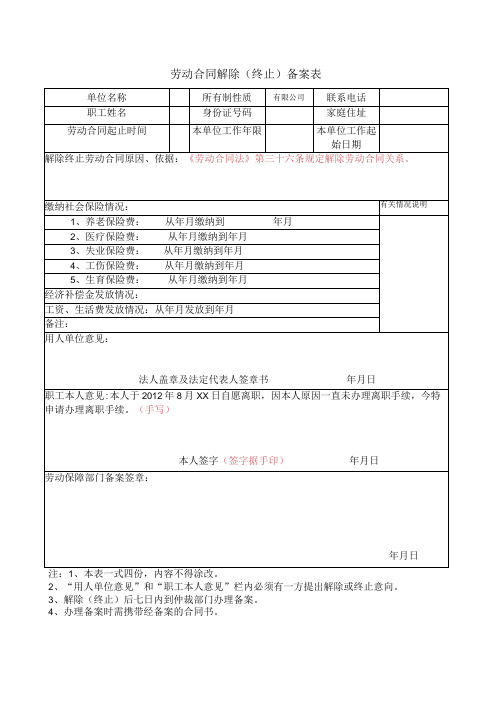 劳动合同解除(终止)备案表