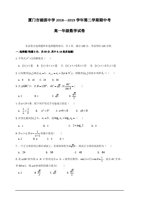 福建省厦门市湖滨中学2018-2019学年高一下学期期中考试数学试题附答案