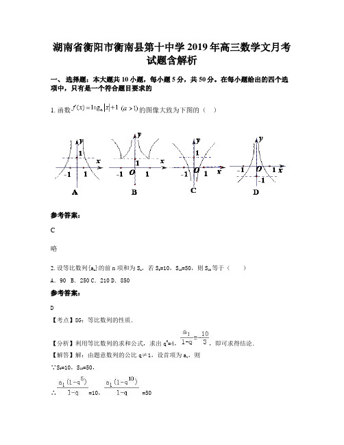 湖南省衡阳市衡南县第十中学2019年高三数学文月考试题含解析
