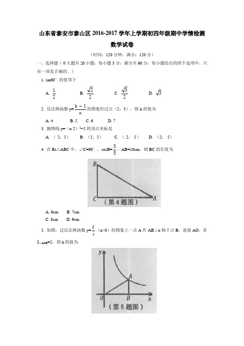 山东省泰安市泰山区2017届九年级(五四制)上学期期中考试数学试题(附答案)