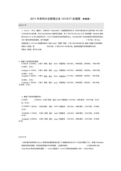 2018年度英特尔全新笔记本I3I5I7处理器全参数表