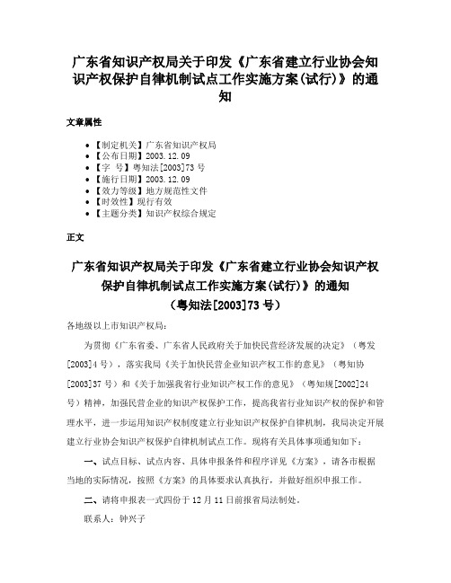 广东省知识产权局关于印发《广东省建立行业协会知识产权保护自律机制试点工作实施方案(试行)》的通知