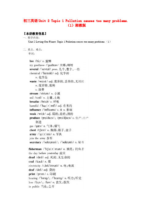 九年级英语 Unit 2 Topic 1 Pollution causes too many problems知识精讲(1) 湘教版