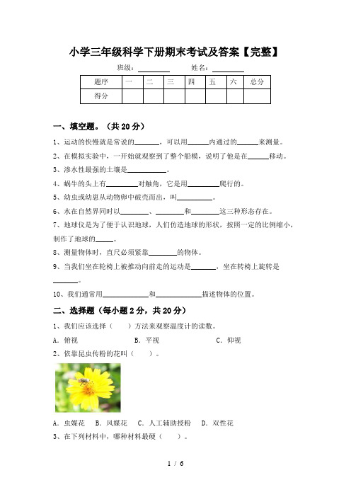 小学三年级科学下册期末考试及答案【完整】