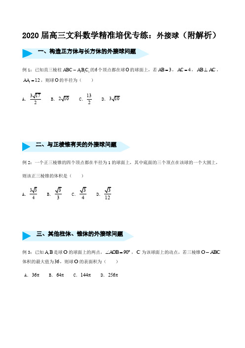 2020届高三文科数学精准培优专练：外接球(附解析)