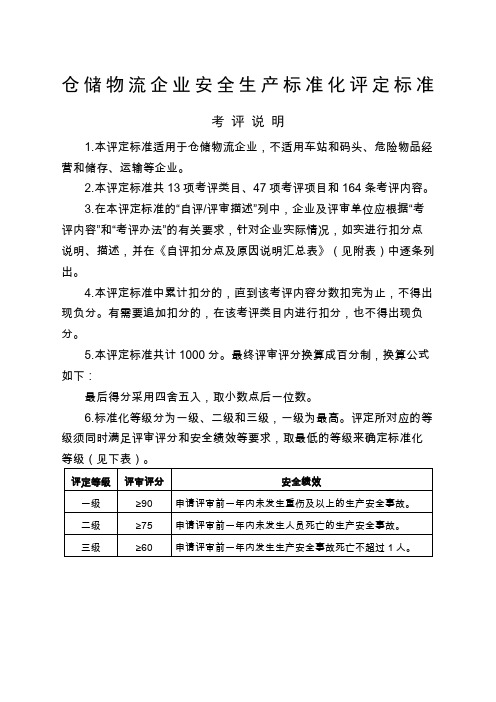 仓储物流企业安全生产标准化评定标准