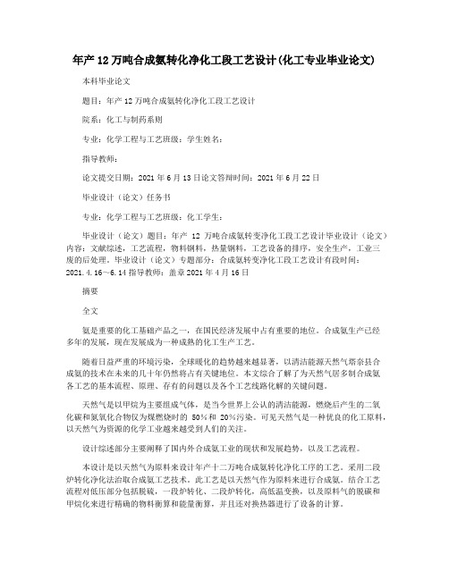 年产12万吨合成氨转化净化工段工艺设计(化工专业毕业论文)