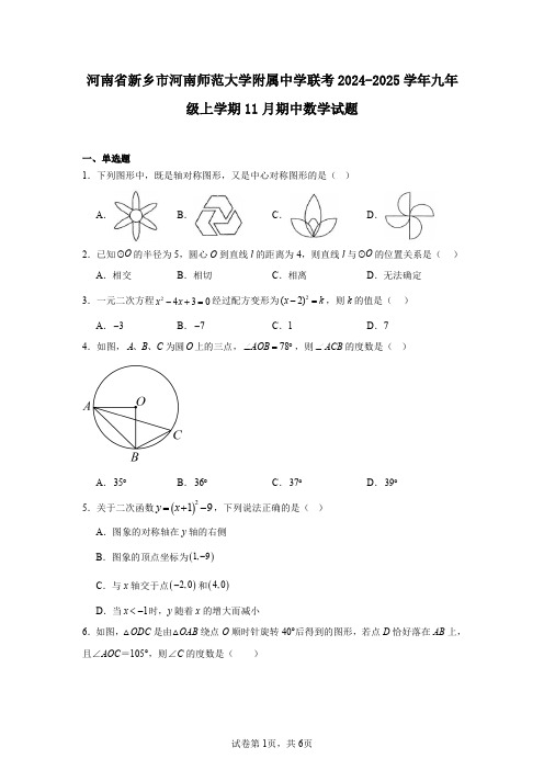 河南省新乡市河南师范大学附属中学联考2024-2025学年九年级上学期11月期中数学试题