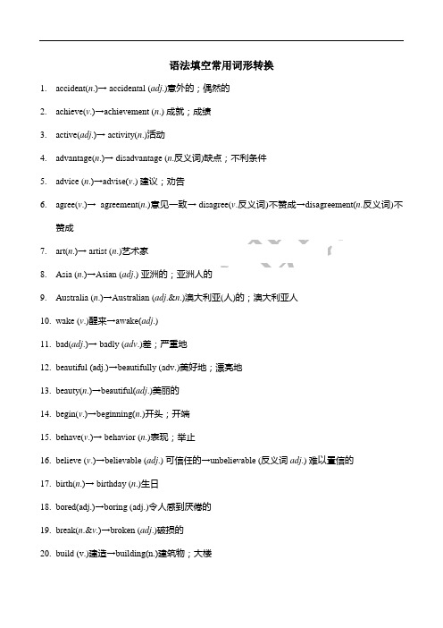 中考语法填空常用词形转换200词