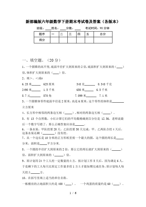 新部编版六年级数学下册期末考试卷及答案(各版本)