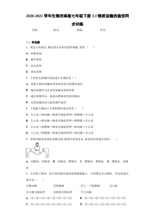 2020-2021学年生物济南版七年级下册3.3物质运输的途径同步训练