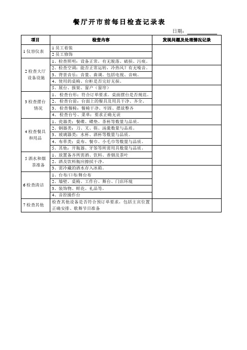 餐厅开市前检查记录表