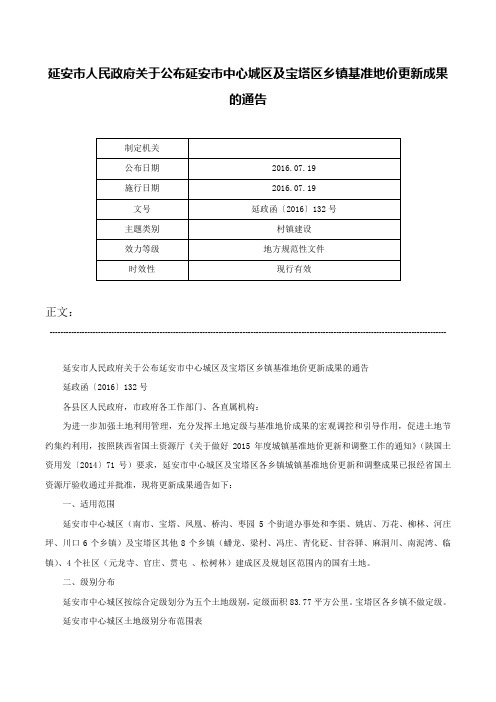 延安市人民政府关于公布延安市中心城区及宝塔区乡镇基准地价更新成果的通告-延政函〔2016〕132号