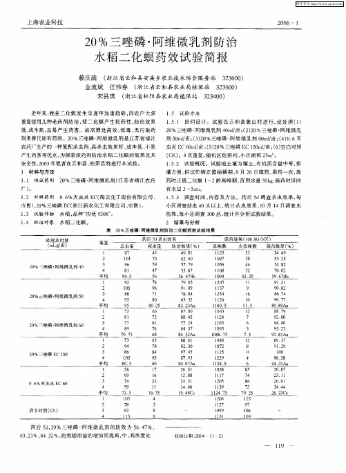 20%三唑磷·阿维微乳剂防治水稻二化螟药效试验简报