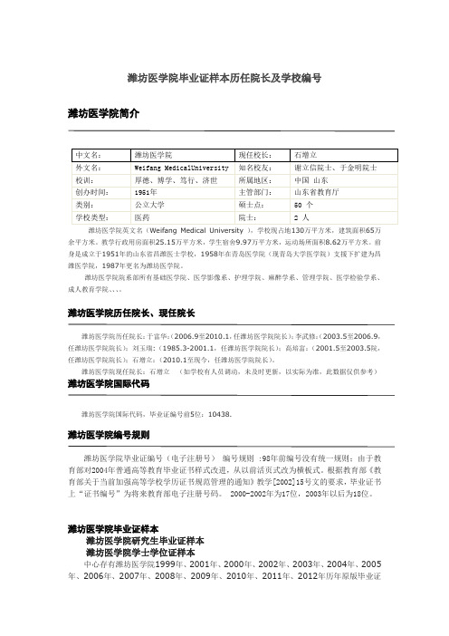 潍坊医学院毕业证样本历任院长及学校编号