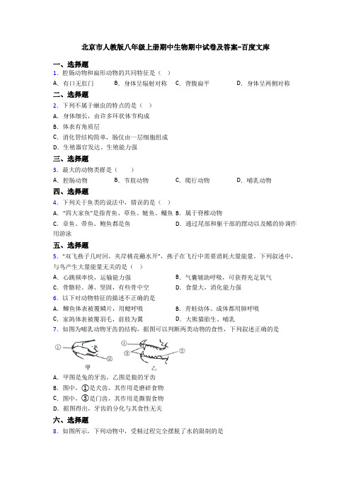 北京市人教版八年级上册期中生物期中试卷及答案-百度文库